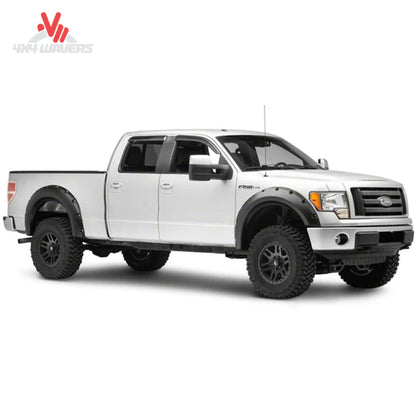 Side profile view of Ford F150 truck with installed 4 piece black pocket flares KF00102