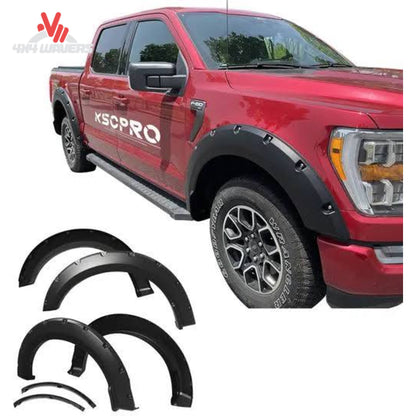 Side stance view of Ford F150 truck with installed 4 piece black pocket flares KF00111