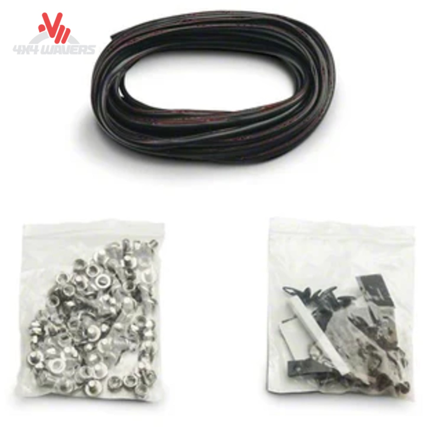 A coiled black cable or hose shown above two small clear plastic bags containing metal hardware and mounting pieces, on a white background.