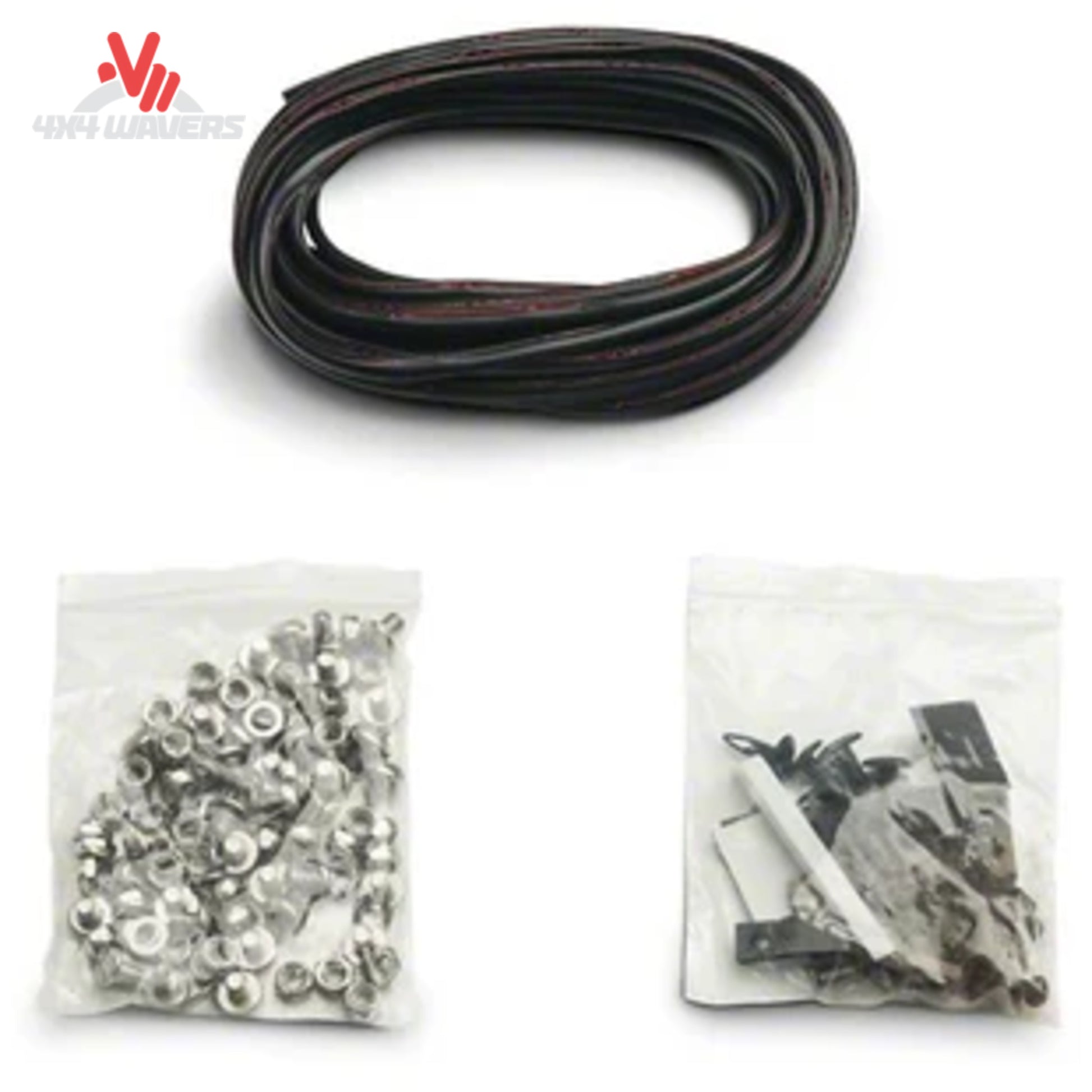 A coiled black cable or hose shown above two small clear plastic bags containing metal hardware and mounting pieces, on a white background.