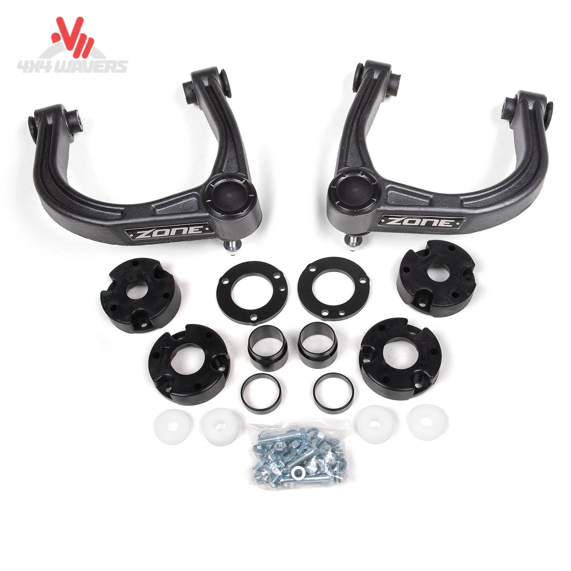 What does the Zone Offroad F100 lift kit look like on a 2021–2026 Ford Bronco Badlands 4-Door? This image shows the complete suspension lift system with Adventure Pro upper control arms and lift components.