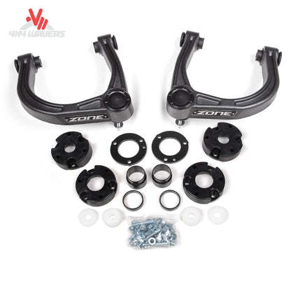 What does the Zone Offroad F100 lift kit look like on a 2021–2026 Ford Bronco Badlands 4-Door? This image shows the complete suspension lift system with Adventure Pro upper control arms and lift components.