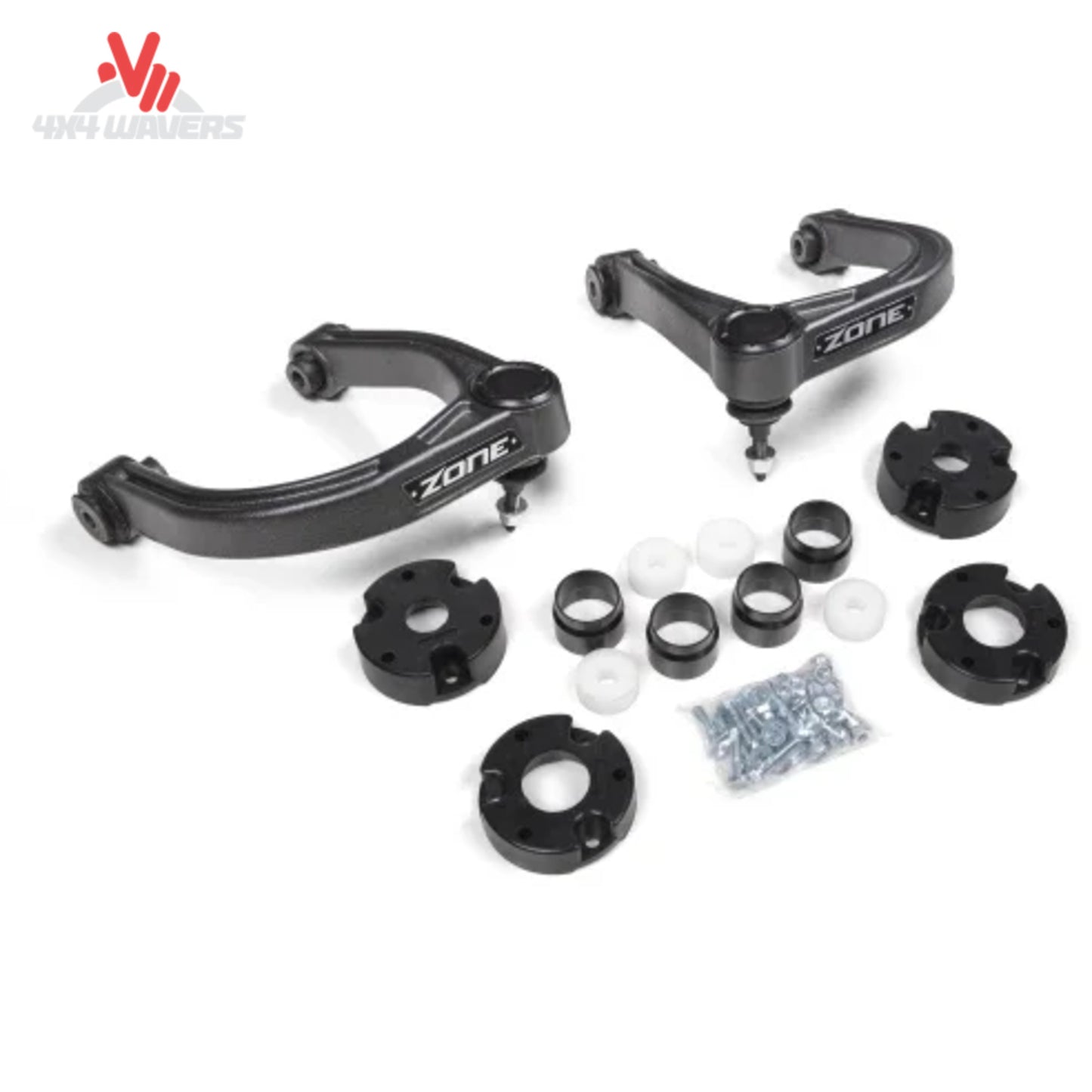 Complete Zone Offroad F101 suspension lift kit designed for the Ford Bronco Badlands 2-Door showing the lift components, Adventure Pro upper control arms, and installation hardware.