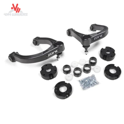 Complete Zone Offroad F101 suspension lift kit designed for the Ford Bronco Badlands 2-Door showing the lift components, Adventure Pro upper control arms, and installation hardware.