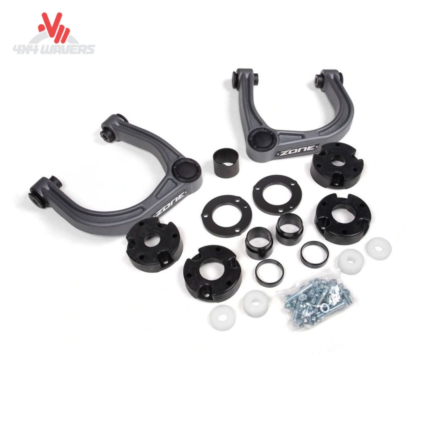What is included with the Zone Offroad F95 Bronco lift kit? This image shows the complete 4 inch Adventure Series suspension system with upper control arms, spacers, and installation hardware.