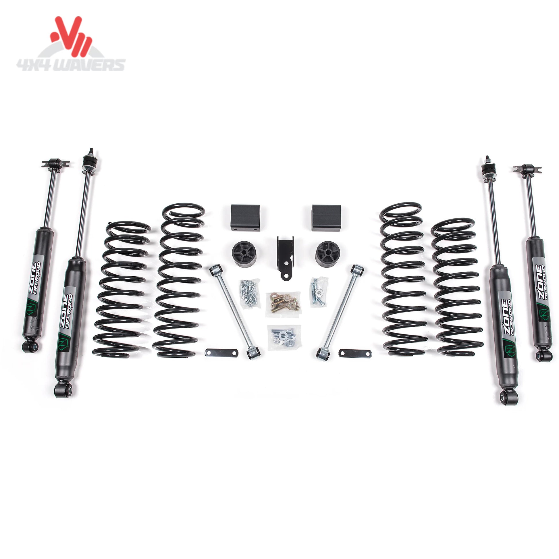 Complete Jeep Wrangler Unlimited suspension upgrade featuring replacement coil springs, Nitro shocks, and 35-inch tire capability