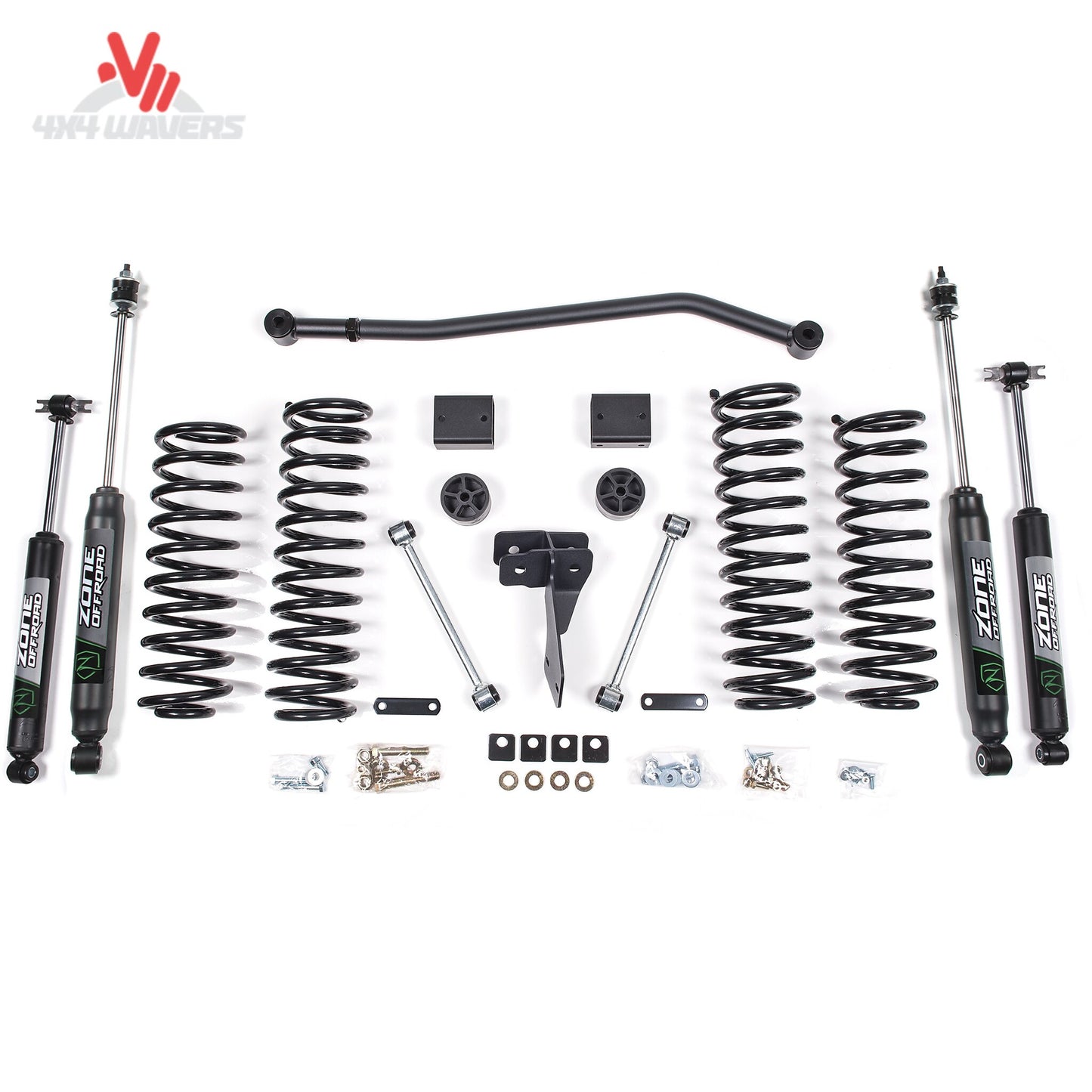 Complete Jeep Wrangler JK suspension upgrade with replacement coil springs, adjustable track bar, and Nitro shocks
