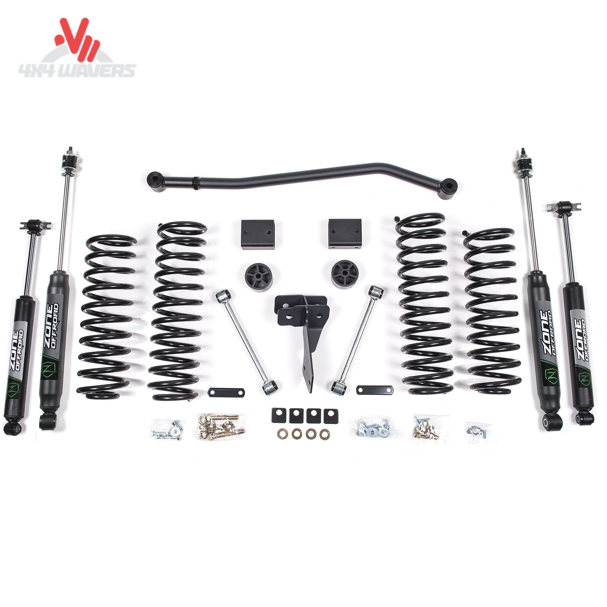 Complete Jeep Wrangler JK suspension upgrade with replacement coil springs, adjustable track bar, and Nitro shocks