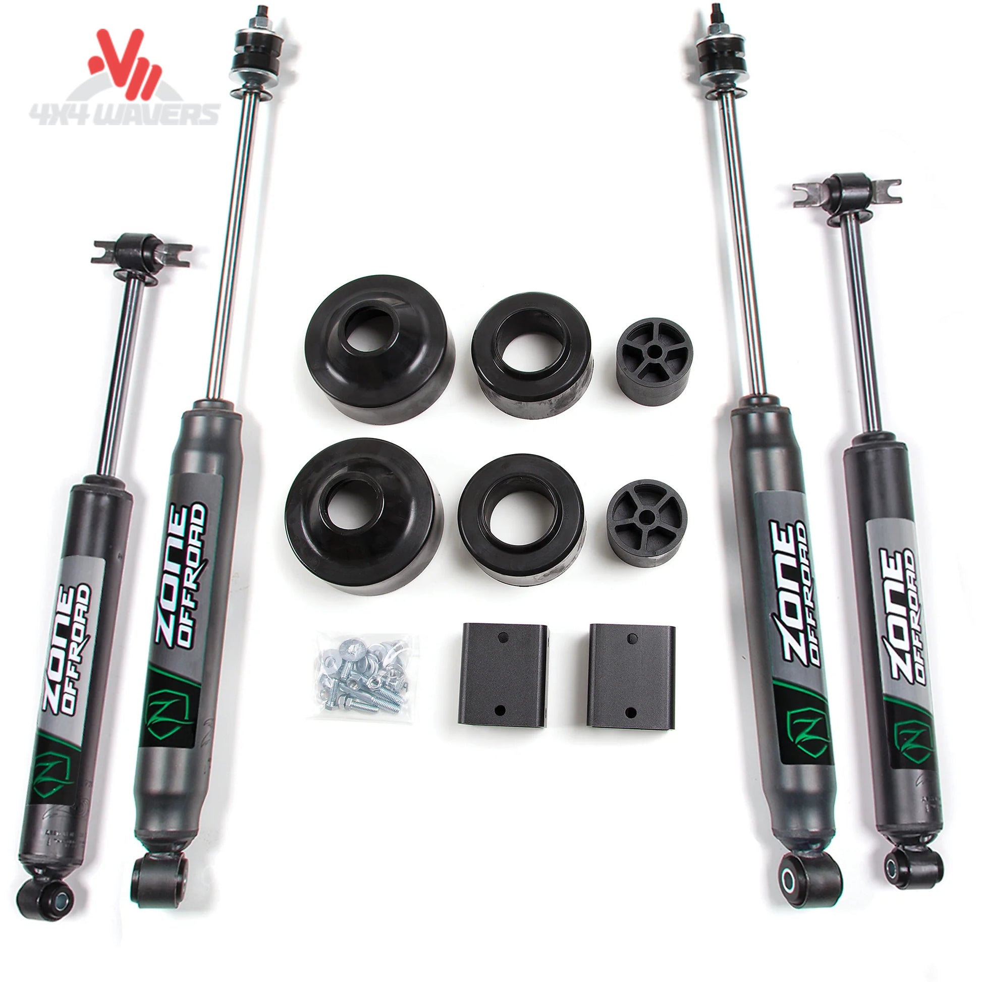 Complete Zone Offroad J39N suspension system featuring polyurethane spacers and Nitro shocks for 2007-2011 Jeep Wrangler JK